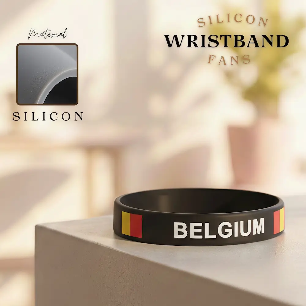 Belgium national football team silicone wristband, black rubber bracelet with Belgian tricolor flag, FIFA 2026 football fan accessory, flexible silicone material, sports souvenir