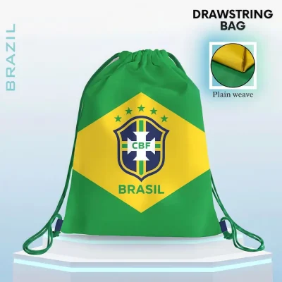 Brazil national football team drawstring bag, green-yellow Brazilian flag design drawstring backpack with CBF crest and 5 championship stars, plain weave fabric, FIFA 2026 football fan accessory, sports gym sack, travel storage bag