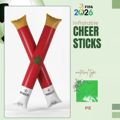 Morocco national football team inflatable cheer sticks, red-gold-white colored PE (polyethylene) cheer sticks with green pentagram (Moroccan national flag symbol), soccer ball pattern, and 