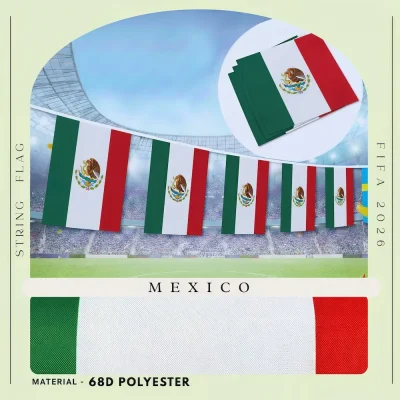 Mexico national football team string flag bunting with green-white-red Mexican flag and national coat of arms, 68D polyester, for FIFA World Cup 2026 match day decoration