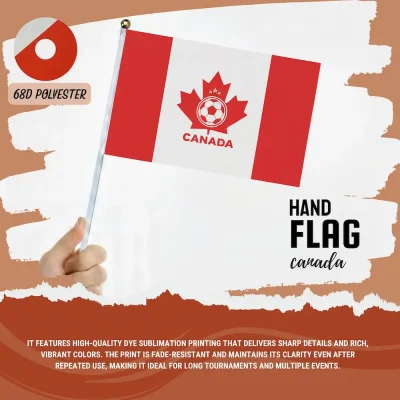 Canada national football team hand flag with red-white Canadian flag, maple leaf soccer crest with CANADA text, 68D polyester, for FIFA World Cup 2026 match day cheering