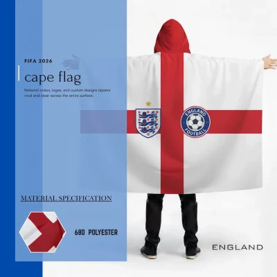 England national football team cape flag with hoodie, St George's Cross flag, Three Lions crest, England Football logo, 68D polyester, for FIFA World Cup 2026 match day cheering