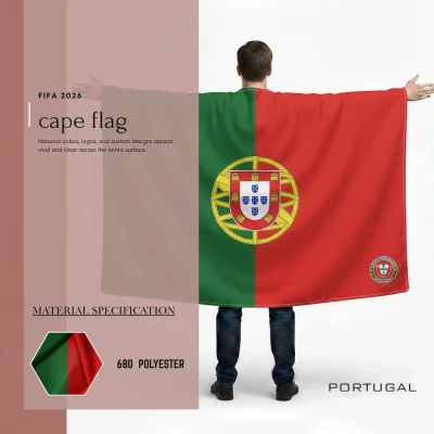 Portugal national football team cape flag, green-red Portuguese flag, national coat of arms with armillary sphere, Portuguese Football Federation crest, 68D polyester, wearable fan gear for FIFA World Cup 2026 match day cheering