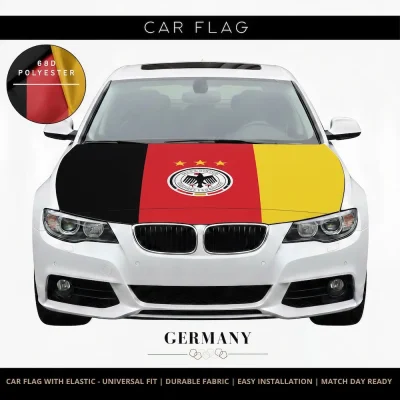 Germany national football team car flag with black-red-gold stripes, German eagle crest and three stars, 68D polyester, universal fit for FIFA 2026 match days