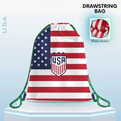 USA national football team drawstring bag, red-white-blue stars and stripes US flag design drawstring backpack with USMNT shield crest, plain weave fabric, FIFA 2026 football fan accessory, sports gym sack, travel storage bag