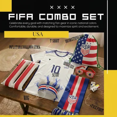 USA national football team FIFA 2026 World Cup fan combo set, complete soccer fan gear kit including team-colored wig, red-white inflatable balloon stick, white USA-themed T-shirt, star-and-stripes drawstring bag, USA-logo sunglasses, matching scarf, and fan face paint, in American national red-white-blue colors for match day support