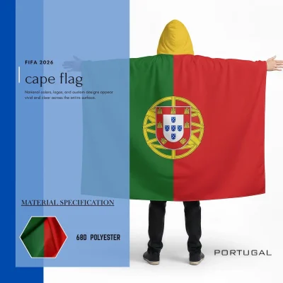 Portugal national football team cape flag with hoodie, green-red Portuguese flag, national coat of arms with armillary sphere, 68D polyester, for FIFA World Cup 2026 match day cheering