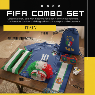 Italy national football team FIFA 2026 World Cup fan combo set, complete soccer fan gear kit including green-white-red team wig, green-white inflatable balloon stick, blue Italy-themed T-shirt, Italia-logo drawstring bag, Italian flag sunglasses, matching scarf, and fan face paint, in Italian national green-white-red colors for match support