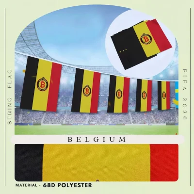 Belgium national football team string flag bunting with black-yellow-red stripes, official Belgium soccer crest, 68D polyester, for FIFA World Cup 2026 match day decoration