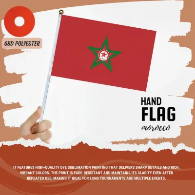 Morocco national football team hand flag with red base and green pentagram (Moroccan national emblem), 68D polyester, for FIFA World Cup 2026 match day cheering