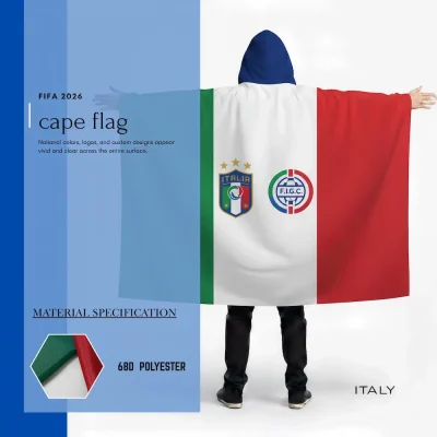 Italy national football team cape flag with hoodie, green-white-red Italian flag, ITALIA team crest with 3 championship stars, F.I.G.C. logo, 68D polyester, for FIFA World Cup 2026 match day cheering