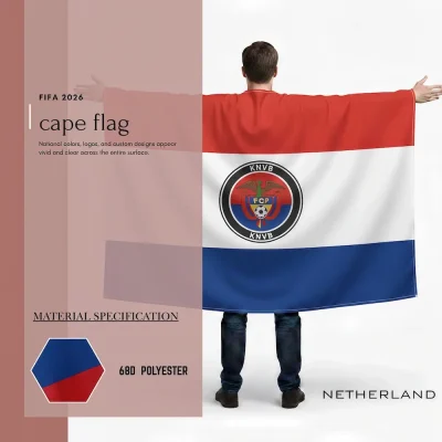 Netherlands national football team cape flag, red-white-blue Dutch flag, KNVB soccer crest, 68D polyester, wearable fan gear for FIFA World Cup 2026 match day cheering