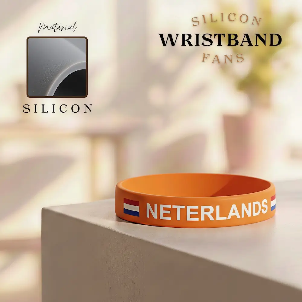 Netherlands national football team silicone wristband, orange rubber bracelet with Dutch tricolor flag, FIFA 2026 football fan accessory, flexible silicone material, sports souvenir