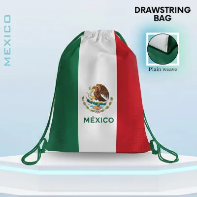 Mexico national football team drawstring bag, green-white-red Mexican tricolor flag design drawstring backpack with Mexican national coat of arms (eagle and snake emblem), plain weave fabric, FIFA 2026 football fan accessory, sports gym sack, travel storage bag