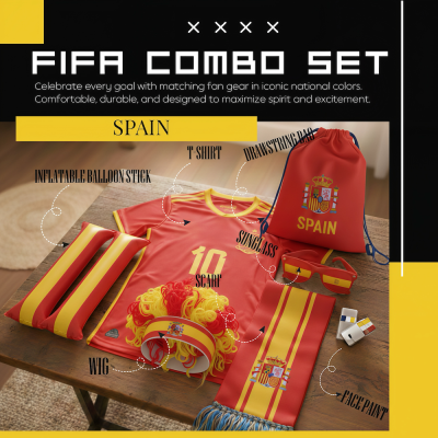 Spain national football team FIFA 2026 World Cup fan combo set, complete soccer fan gear kit including red-yellow team wig, red-yellow inflatable balloon stick, red Spain-themed T-shirt, Spain-crest drawstring bag, Spanish flag sunglasses, matching scarf, and fan face paint, in Spanish national red-yellow colors for match day support