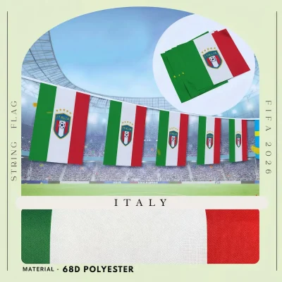 Italy national football team string flag bunting with green-white-red stripes, ITALIA soccer crest with four championship stars, 68D polyester, for FIFA World Cup 2026 match day decoration