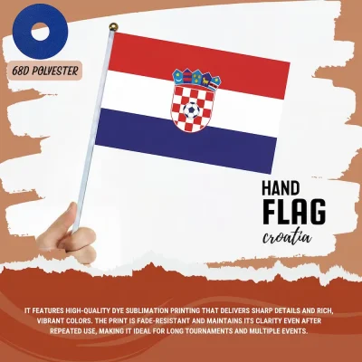 Croatia national football team hand flag with red-white-blue Croatian flag, iconic checkered shield soccer crest, 68D polyester, for FIFA World Cup 2026 match day cheering