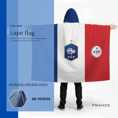 France national football team cape flag with hoodie, blue-white-red French flag, FFF rooster crest with 1 championship star, FFF logo, 68D polyester, for FIFA World Cup 2026 match day cheering