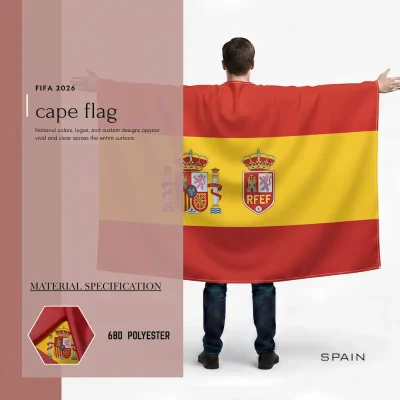 Spain national football team cape flag, red-yellow-red Spanish flag, national coat of arms and RFEF soccer crest, 68D polyester, wearable fan gear for FIFA World Cup 2026 match day cheering