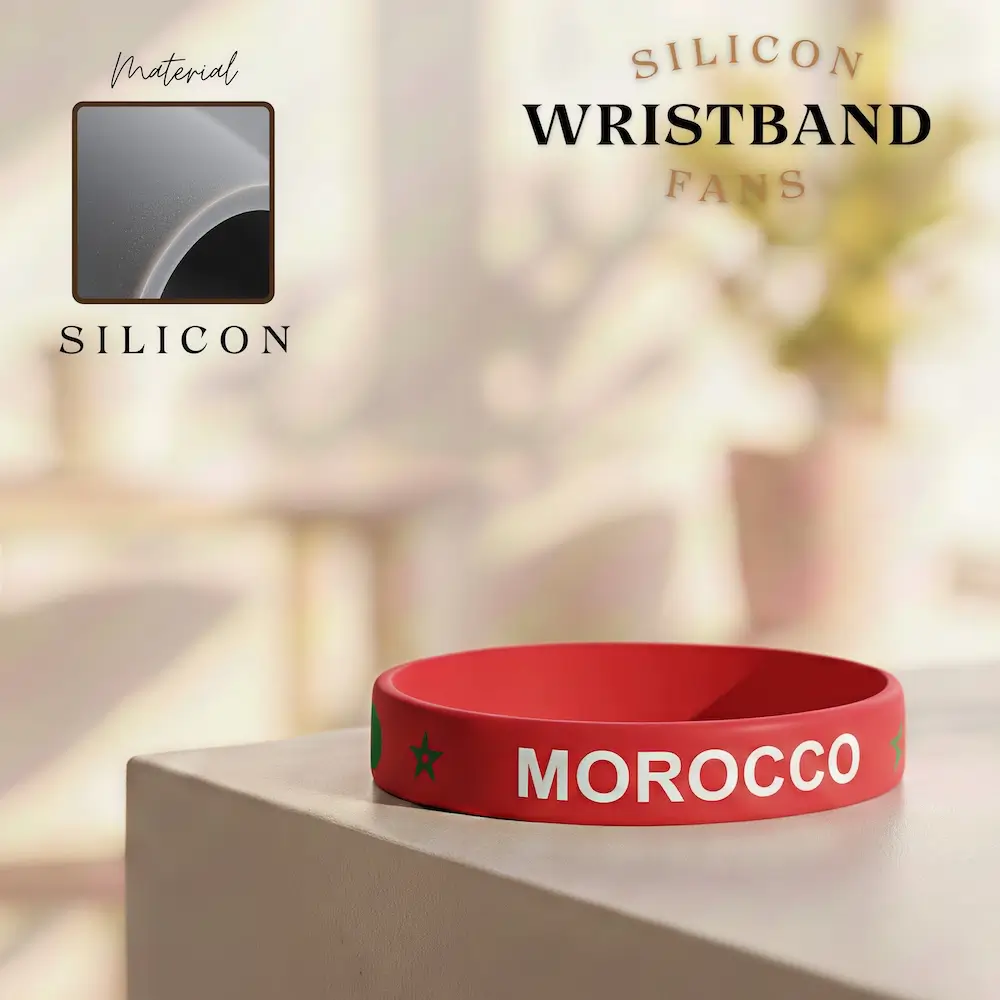 Morocco national football team silicone wristband, red rubber bracelet with Moroccan green pentagram flag elements, FIFA 2026 football fan accessory, flexible silicone material, sports souvenir
