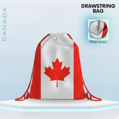 Canada national football team drawstring bag, red-white Canadian flag design with red maple leaf, plain weave fabric, FIFA 2026 football fan accessory, sports gym sack, travel storage bag