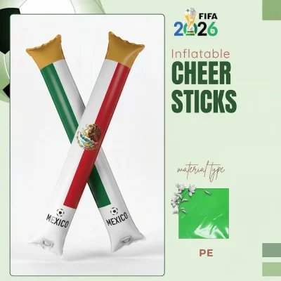 Mexico national football team inflatable cheer sticks, green-white-red-gold colored PE (polyethylene) cheer sticks with Mexican national coat of arms (eagle and snake emblem), soccer ball pattern, and 