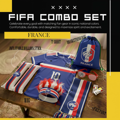 France national football team FIFA 2026 World Cup fan combo set, complete soccer fan gear kit including blue-white-red team wig, blue-white-red inflatable balloon stick, blue France-themed T-shirt, FFF-logo drawstring bag, French flag sunglasses, matching scarf, and fan face paint, in French national blue-white-red colors for match support