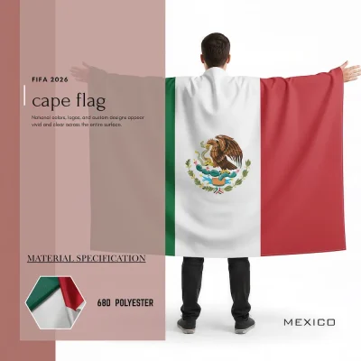 Mexico national football team cape flag, green-white-red Mexican flag, eagle-and-snake national coat of arms, 68D polyester, wearable fan gear for FIFA World Cup 2026 match day cheering