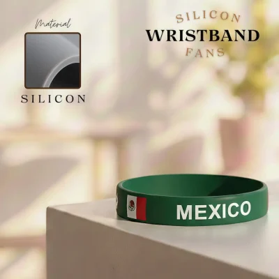 Mexico national football team silicone wristband, green rubber bracelet with Mexican national flag (eagle and snake emblem), FIFA 2026 football fan accessory, flexible silicone material, sports souvenir