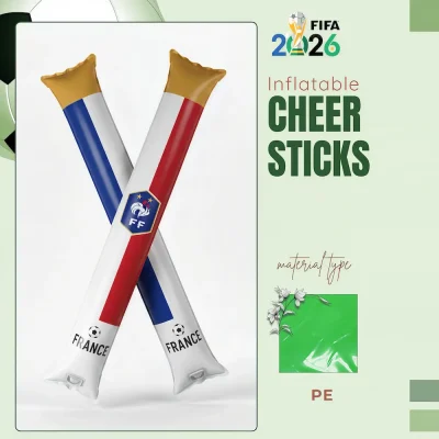 France national football team inflatable cheer sticks, blue-white-red colored PE (polyethylene) cheer sticks with FFF (French Football Federation) crest, soccer ball pattern, and 