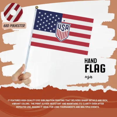 USA national football team hand flag with American stars and stripes flag, USA soccer crest, 68D polyester, for FIFA World Cup 2026 match day cheering