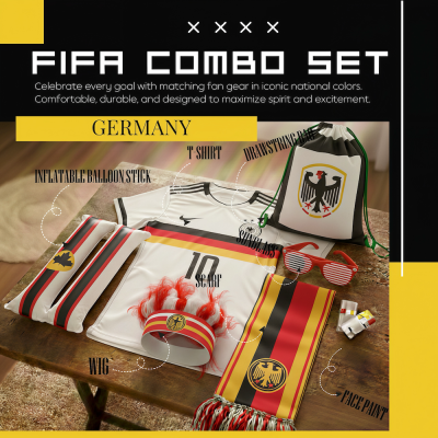 Germany national football team FIFA 2026 World Cup fan combo set, complete soccer fan gear kit including black-red-yellow team wig, black-red-white inflatable balloon stick, white Germany-themed T-shirt, German eagle crest drawstring bag, German flag-themed sunglasses, matching scarf, and fan face paint, in German national black-red-yellow colors for match day support