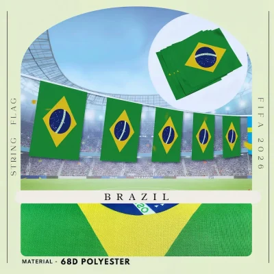 Brazil national football team string flag bunting with Brazilian flag design, 68D polyester, for FIFA World Cup 2026 match day decoration