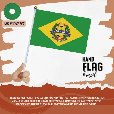 Brazil national football team hand flag with green Brazilian flag, soccer-themed BRASIL crest, 68D polyester, for FIFA World Cup 2026 match day cheering