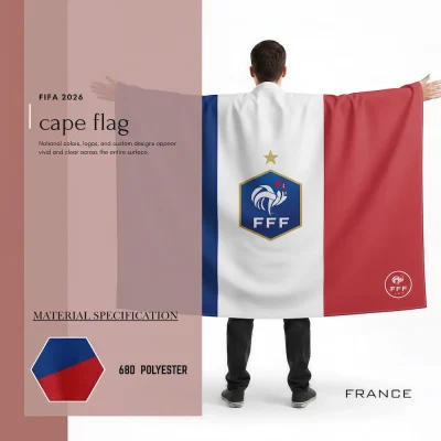 France national football team cape flag, blue-white-red French tricolor flag, FFF rooster soccer crest with 1 championship star, 68D polyester, wearable fan gear for FIFA World Cup 2026 match day cheering