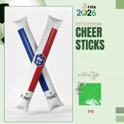 France national football team inflatable cheer sticks, blue-white-red striped PE (polyethylene) cheer sticks with FFF (French Football Federation) crest, soccer ball pattern, 