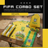 Brazil national football team FIFA 2026 World Cup fan combo set, complete soccer fan gear kit including green-white team wig, yellow-white-green inflatable balloon stick, yellow Brazil-themed T-shirt, CBF-logo drawstring bag, Brazilian flag sunglasses, matching scarf, and fan face paint, in Brazilian national green-yellow colors for match support