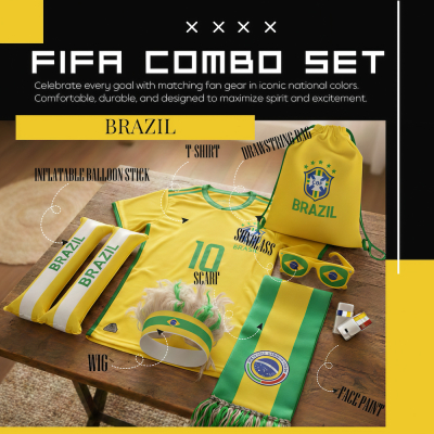 Brazil national football team FIFA 2026 World Cup fan combo set, complete soccer fan gear kit including green-white team wig, yellow-white-green inflatable balloon stick, yellow Brazil-themed T-shirt, CBF-logo drawstring bag, Brazilian flag sunglasses, matching scarf, and fan face paint, in Brazilian national green-yellow colors for match support