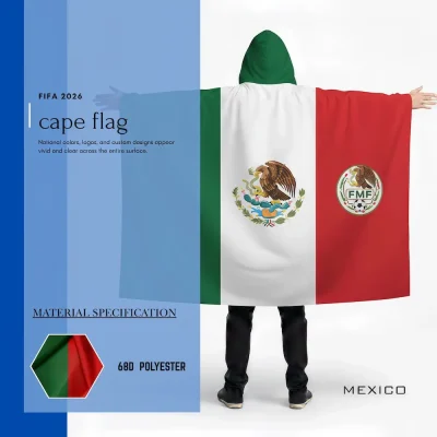 Mexico national football team cape flag with hoodie, green-white-red Mexican flag, eagle-and-snake national coat of arms, FMF soccer crest, 68D polyester, for FIFA World Cup 2026 match day cheering