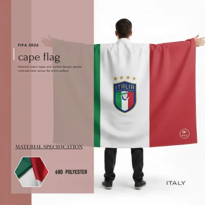 Italy national football team cape flag, green-white-red Italian tricolor flag, FIGC Italia soccer crest with 4 championship stars, 68D polyester, wearable fan gear for FIFA World Cup 2026 match day cheering