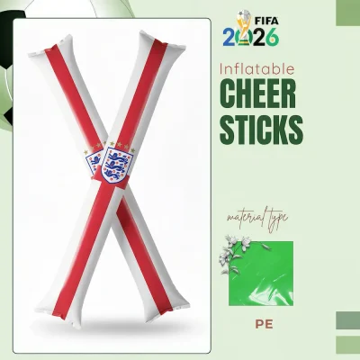 England national football team inflatable cheer sticks, white-red striped PE (polyethylene) cheer sticks with England Football Association crest (three lions) and 3 stars, FIFA 2026 World Cup fan accessory, wavy edge trim, lightweight stadium cheering sticks
