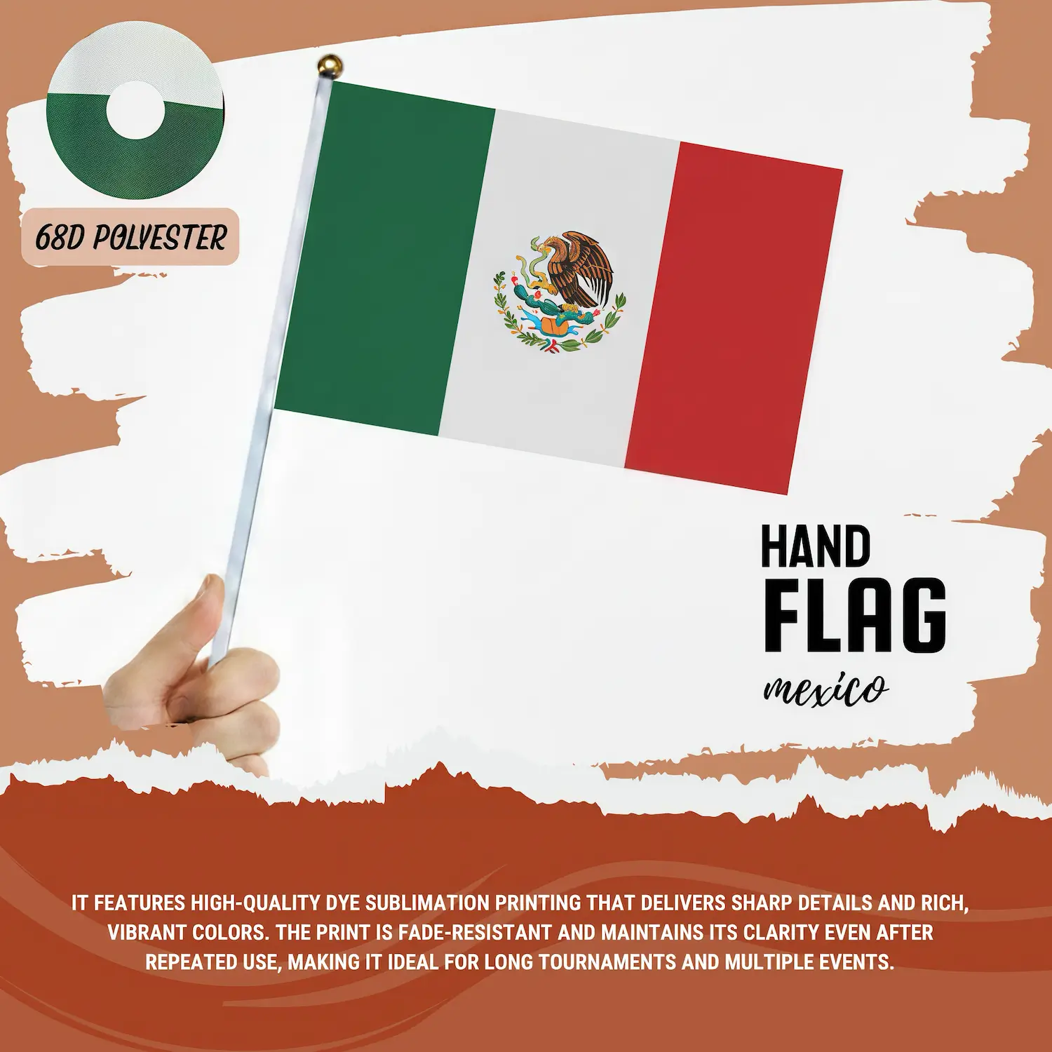 Mexico national hand flag 68D polyester 14x21cm full color sublimation printed waving flag