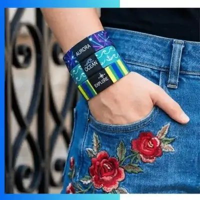 Alternative view of Custom 20mm Elastic Cloth Wristbands with Large Woven Label – Double-Sided Sublimation Event & Branding Wristbands