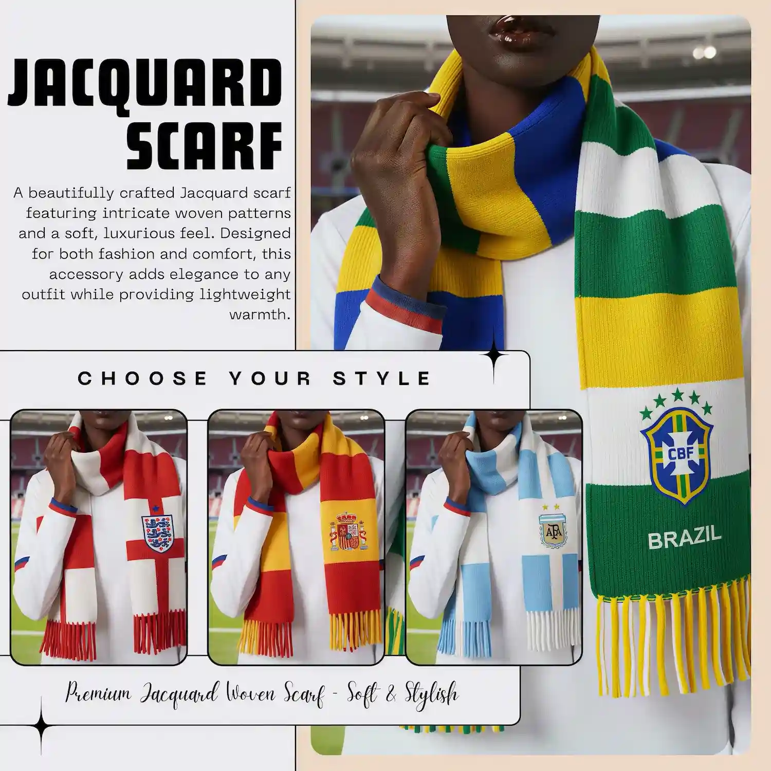 2026 FIFA World Cup national team jacquard knit scarf, country-themed woven fan scarf with tassels for soccer fans