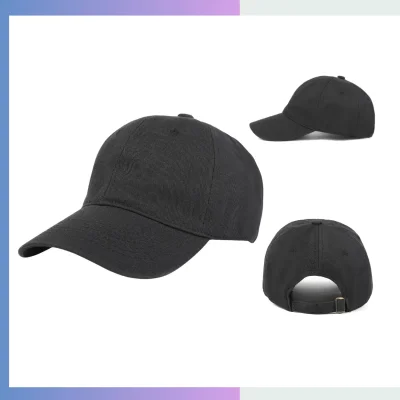 Black cotton unstructured cap 6-panel relaxed crown 7cm pre-curved visor single buckle closure