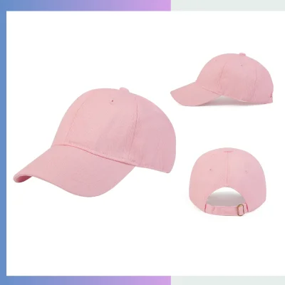 Pink cotton unstructured cap 6-panel relaxed crown 7cm pre-curved visor single buckle closure