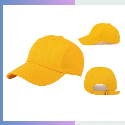 Yellow cotton unstructured cap 6-panel relaxed crown 7cm pre-curved visor single buckle closure