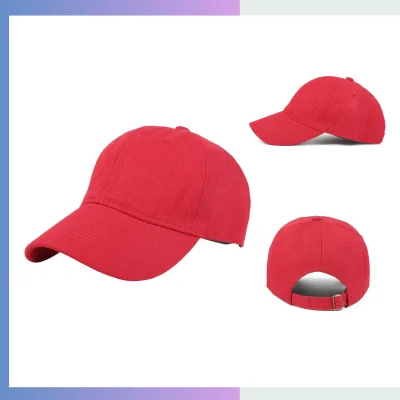 Red cotton unstructured cap 6-panel relaxed crown 7cm pre-curved visor single buckle closure