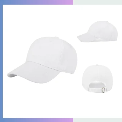 White cotton unstructured cap 6-panel relaxed crown 7cm pre-curved visor single buckle closure