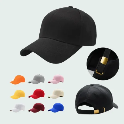100% cotton black baseball cap structured crown pre-curved visor adjustable metal tuck buckle closure